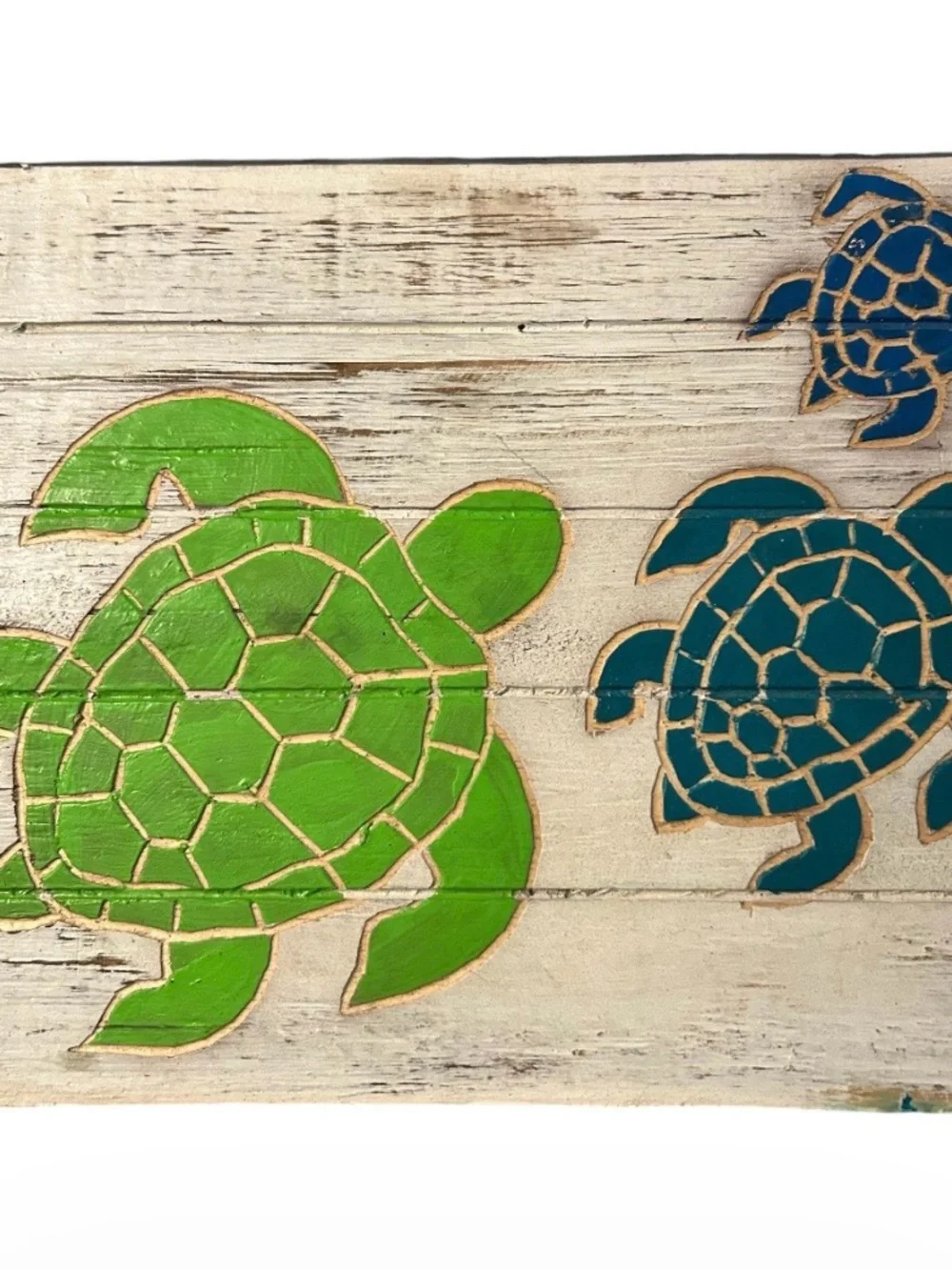Sea Turtle Wood Serving Tray Coastal Beach House Teal Green Distressed Handles